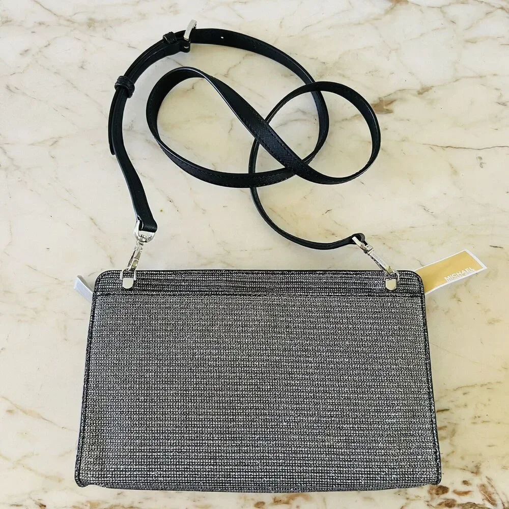 MICHAEL KORS Black Metallic Silver Fabric Crossbody Clutch Bag